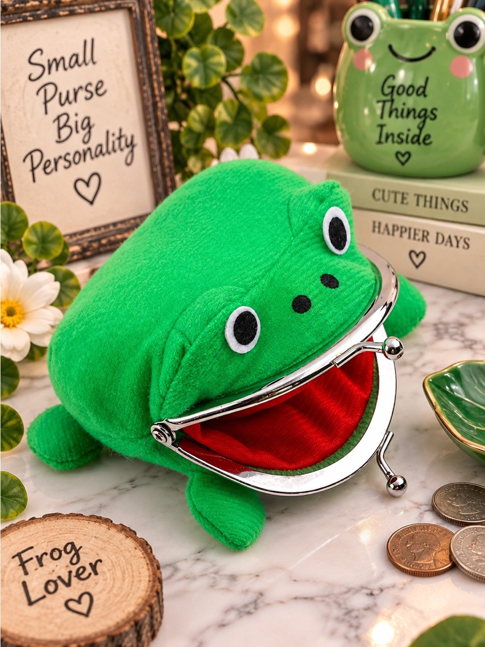 Cute Green Frog Kiss Lock Coin Purse Novelty Wallet NWT